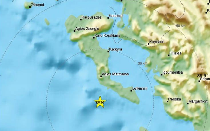 Σεισμός στην Κέρκυρα- Eπίκεντρο 30 χλμ. νότια του νησιού
