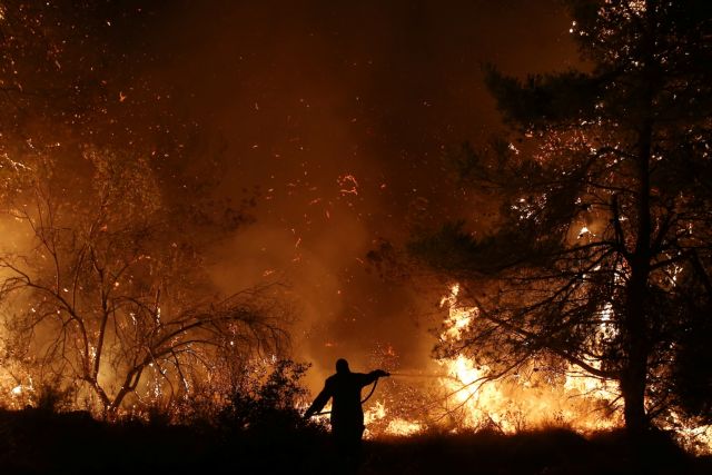 A firefighter tries to extinguish a wildfire burning near the village of Makrimalli on the island of Evia