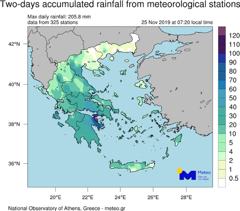 Πλημμύρισε η χώρα με τον Γηρυόνη – Πάνω από τα 200 χιλιοστά βροχής μέχρι το πρωί της Δευτέρας