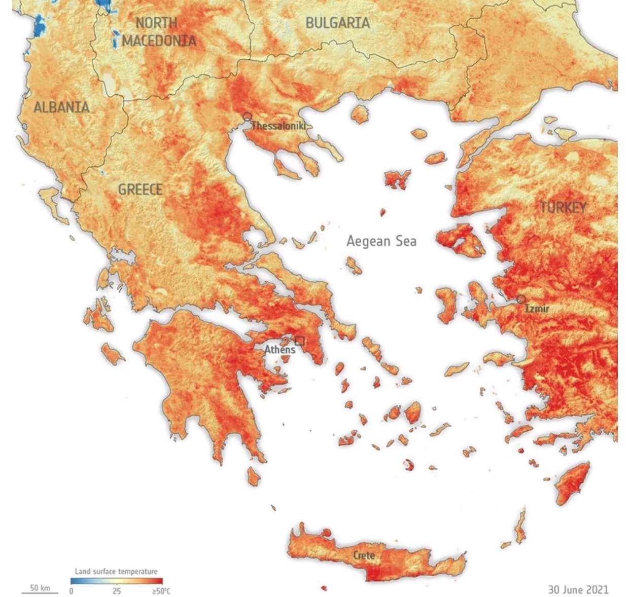 Στους 50 βαθμούς η θερμοκρασία στο έδαφος της Ελλάδας στις 30 Ιουνίου