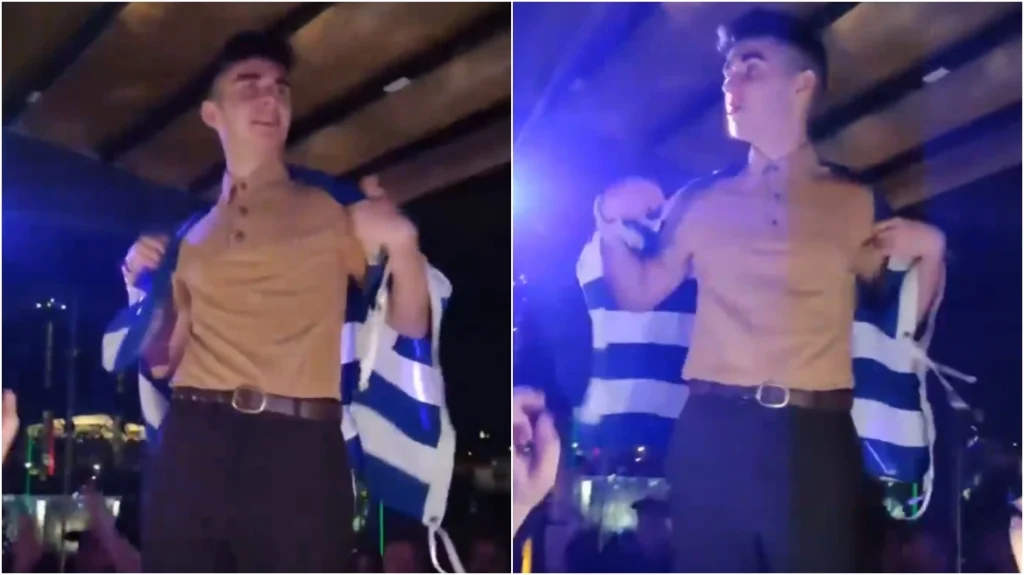 Eurovision 2023: Ο Βίκτωρ Βερνίκος φόρεσε την ελληνική σημαία και ανέβηκε να χορέψει σε τραπέζι