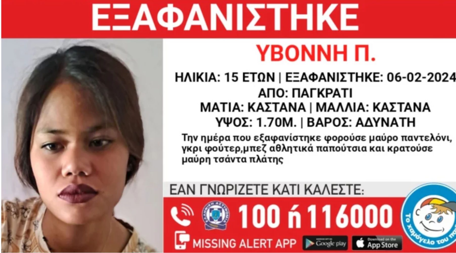 Missing alert: Συναγερμός στις Αρχές για την εξαφάνιση της 15χρονης Υβόννης από το Παγκράτι