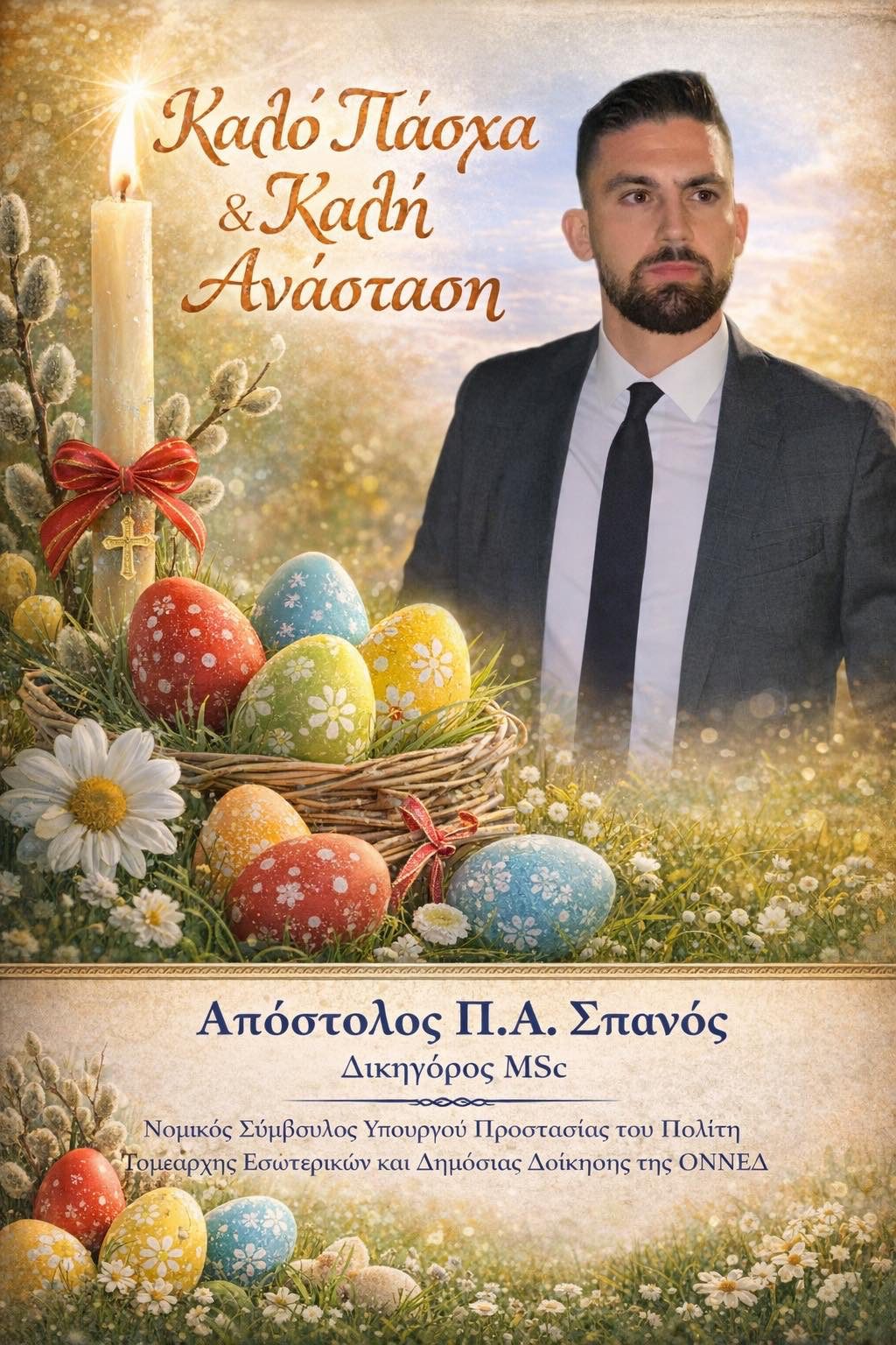 Ευχές για το Πάσχα από τον Τομεάρχη Εσωτερικών και Δημόσιας Διοίκησης της ΟΝΝΕΔ, Απόστολο Σπανό